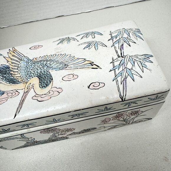 Vintage Chinese Ceramic Trinket Box 8.75" With Lid Crane Bird Floral Home Decor - Picture 3 of 13